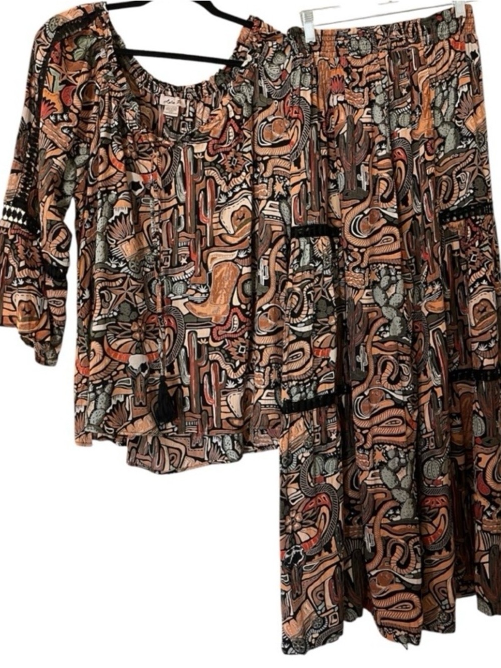 Western Boho Printed Tiered Pants & Top Set NEW. Unique Lattice Sheer Panels FUN